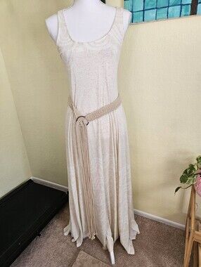 Testament Sleeveless Cream Maxi Dress with Braided Fringe Belt Sz M